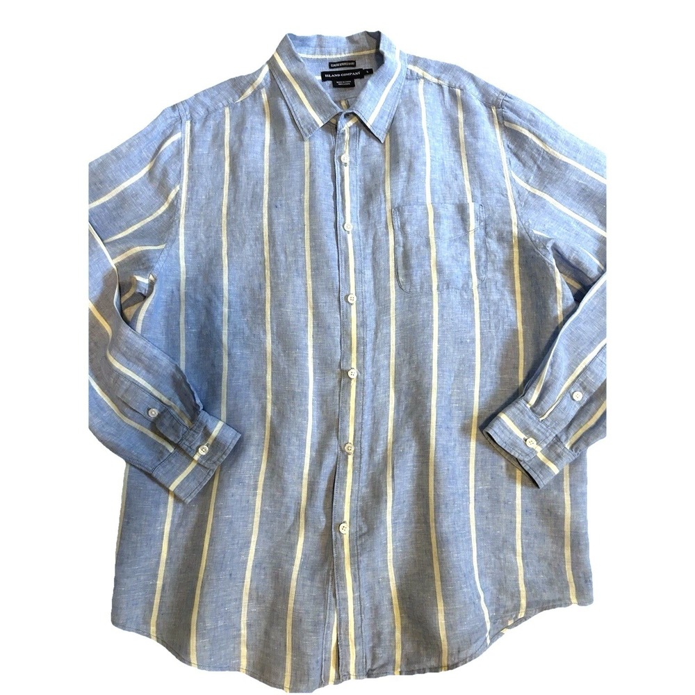 Island Company Mens Large Blue White Striped 100% Linen Long Sleeve Button Shirt